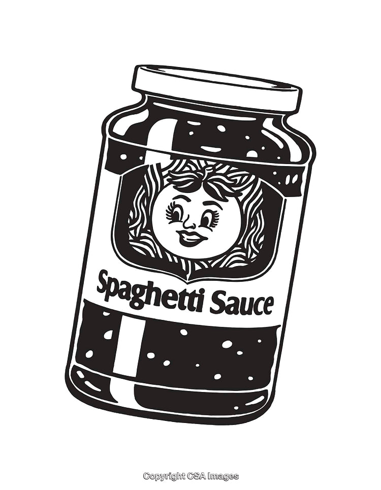 Black and White Line Art of Spaghetti Sauce Jar with Text and Decoration