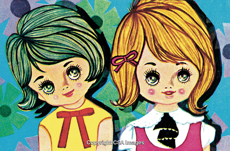 Retro Art of Two Girls With Bright Green Eyes in Vibrant Colors