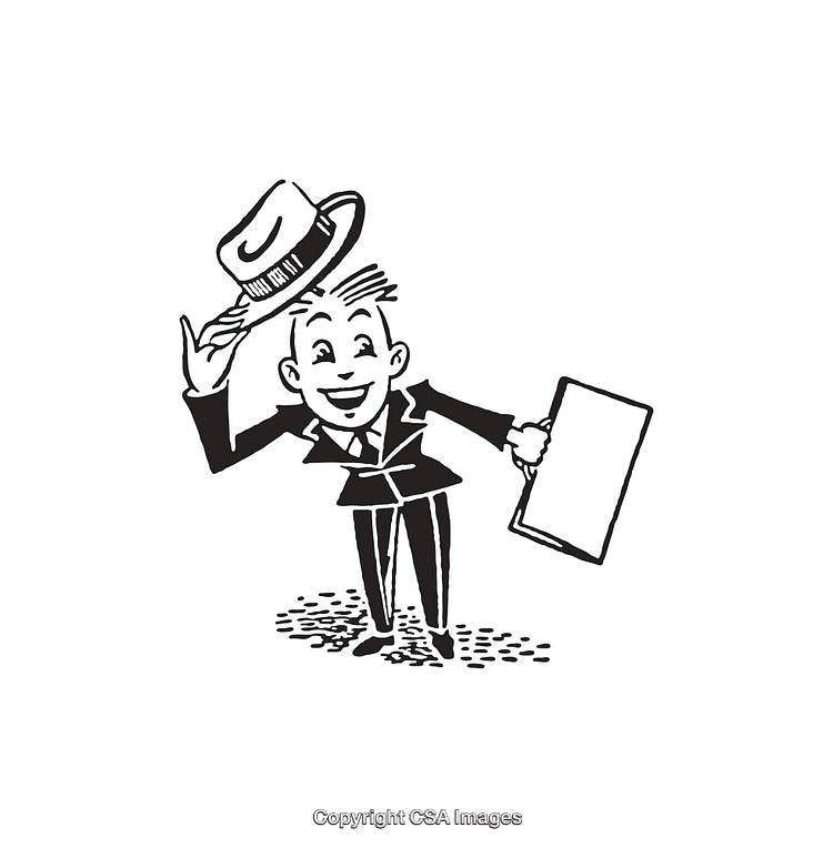 Retro Styled Black and White Businessman Tipping Hat with Clipboard