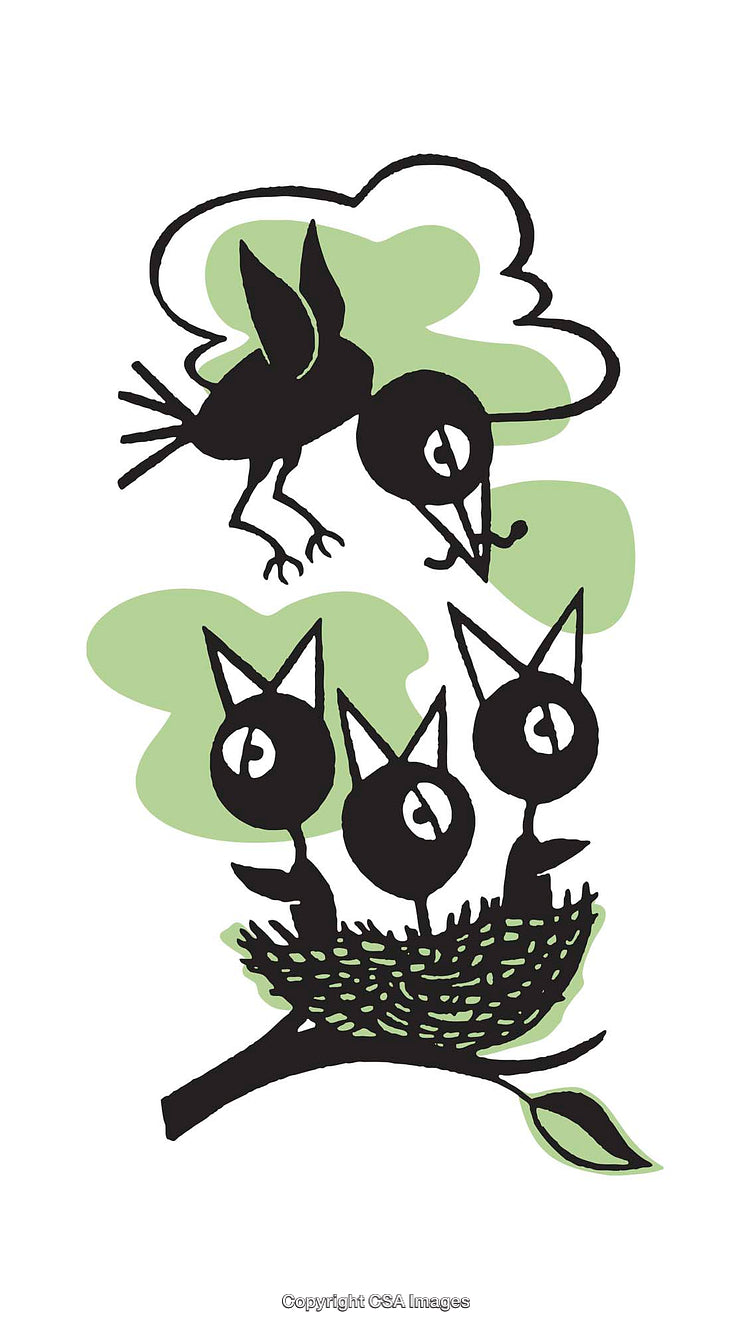 Stylized Illustration of Feeding Bird With Nest of Chicks