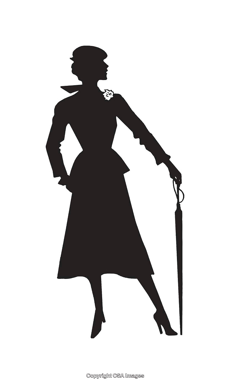 Silhouette of a Stylish Woman with Umbrella in Vintage Attire