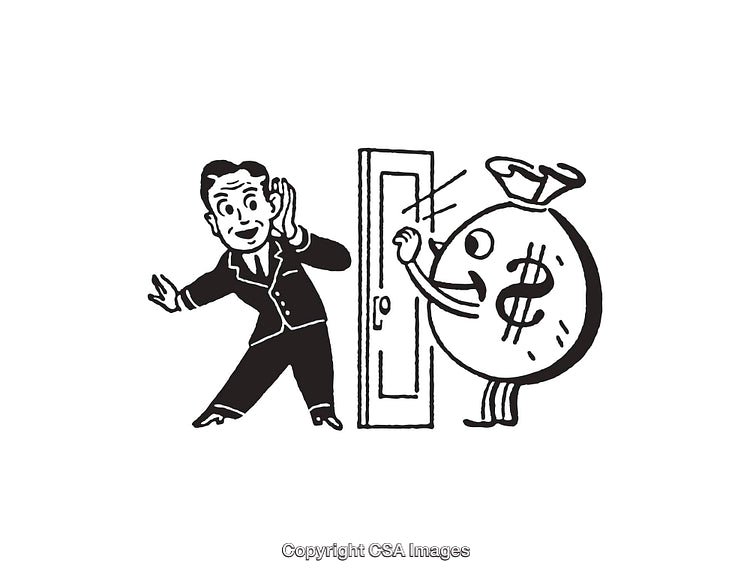 Retro Line Art of Businessman Surprised by Money Bag Character at Door