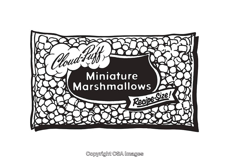 Black and White Line Art of Packaged Miniature Marshmallows