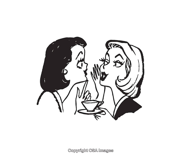 Vintage Illustration of Two Women Gossiping Over Tea in Black and White