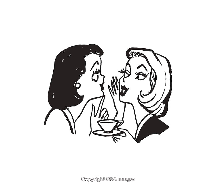 Vintage Illustration of Two Women Gossiping Over Tea in Black and White