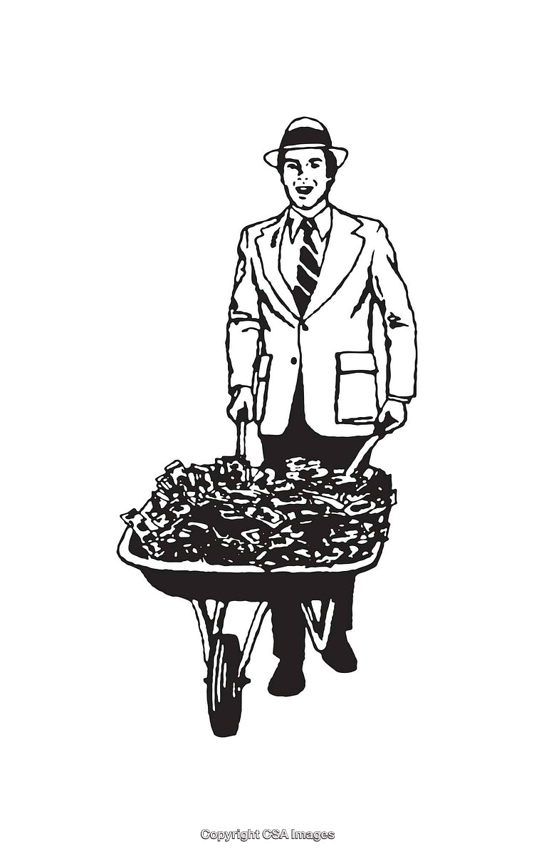 Man in Vintage Suit Pushing Wheelbarrow Filled with Money Line Art