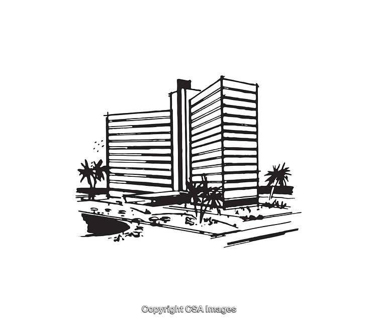 Modern Office Building Line Art Illustration with Palm Trees