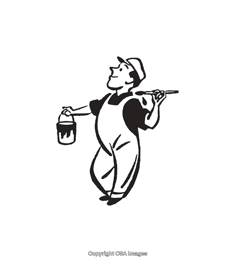 Illustration of a Painter Holding Brush and Paint Bucket in Black and White