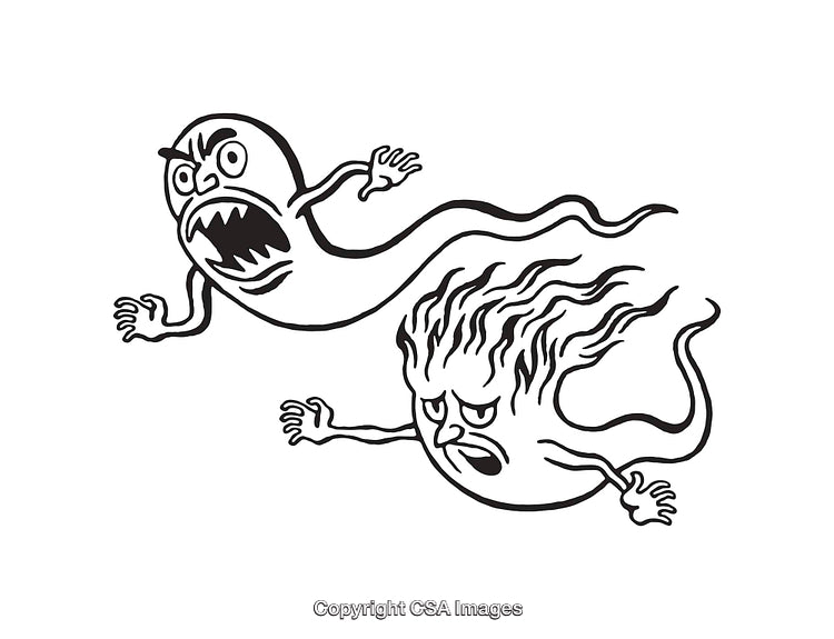 Illustration of Angry and Fiery Creatures in Black and White Line Art