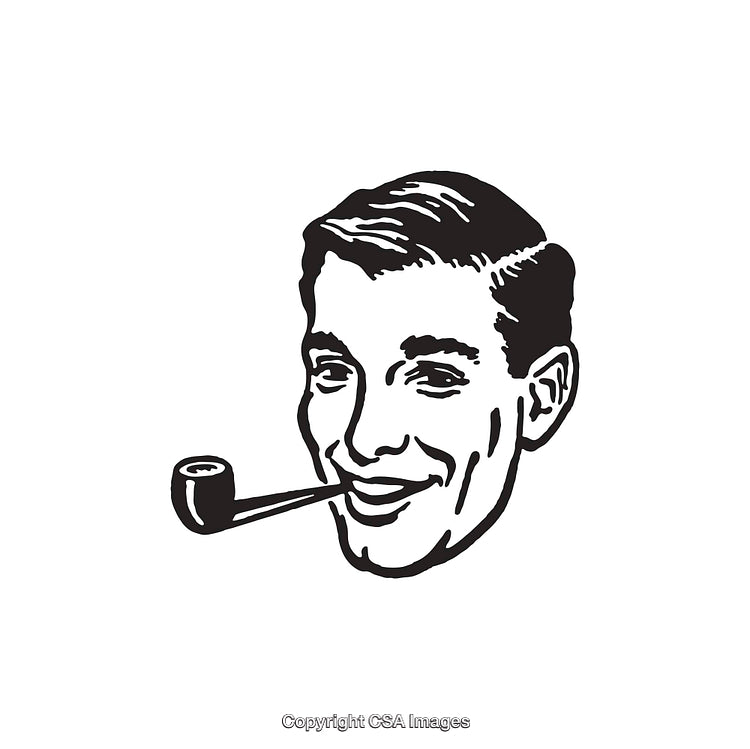 Retro Style Black and White Illustration of Smiling Man with Pipe