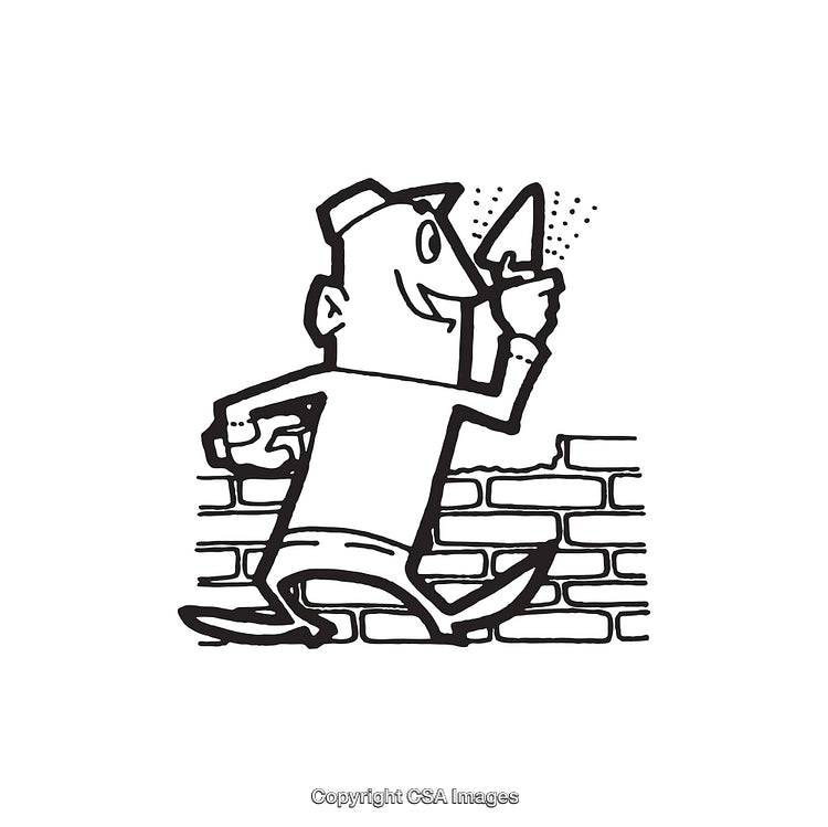 Cartoon Line Art of a Bricklayer Working on a Wall with a Trowel