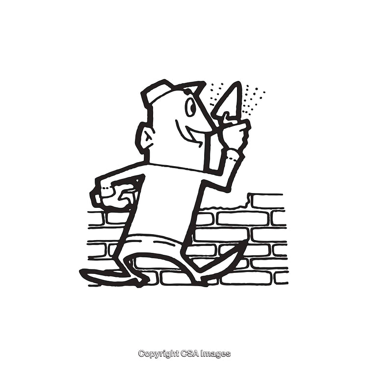 Cartoon Line Art of a Bricklayer Working on a Wall with a Trowel