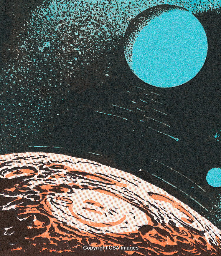 Colorful Illustrated Scene of Planetary Landscape and Celestial Body