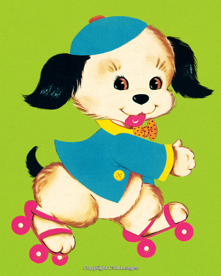 Adorable Cartoon Puppy Skating in Cute Outfit on a Vibrant Green Background
