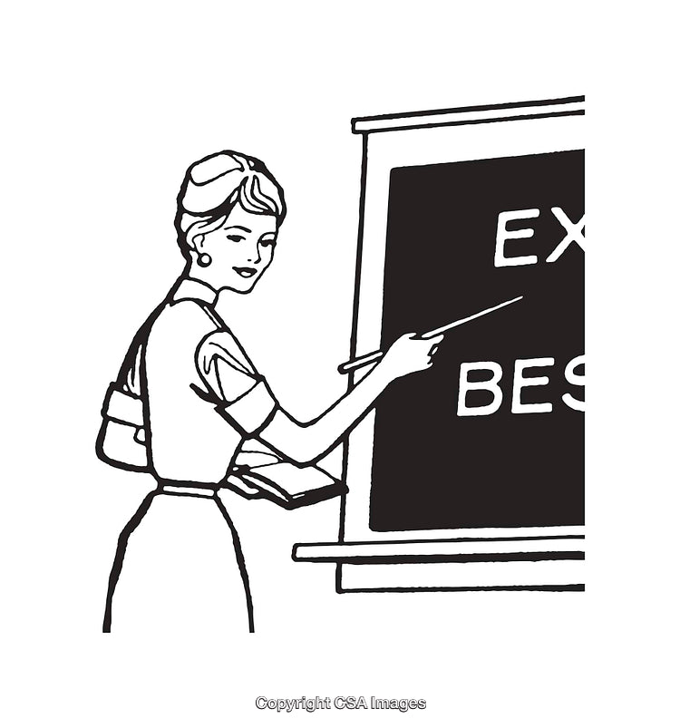 Retro Black-and-White Illustration of a Teacher at a Blackboard