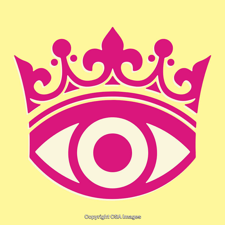 Vibrant Pink Eye Symbol with Crown on Yellow Background