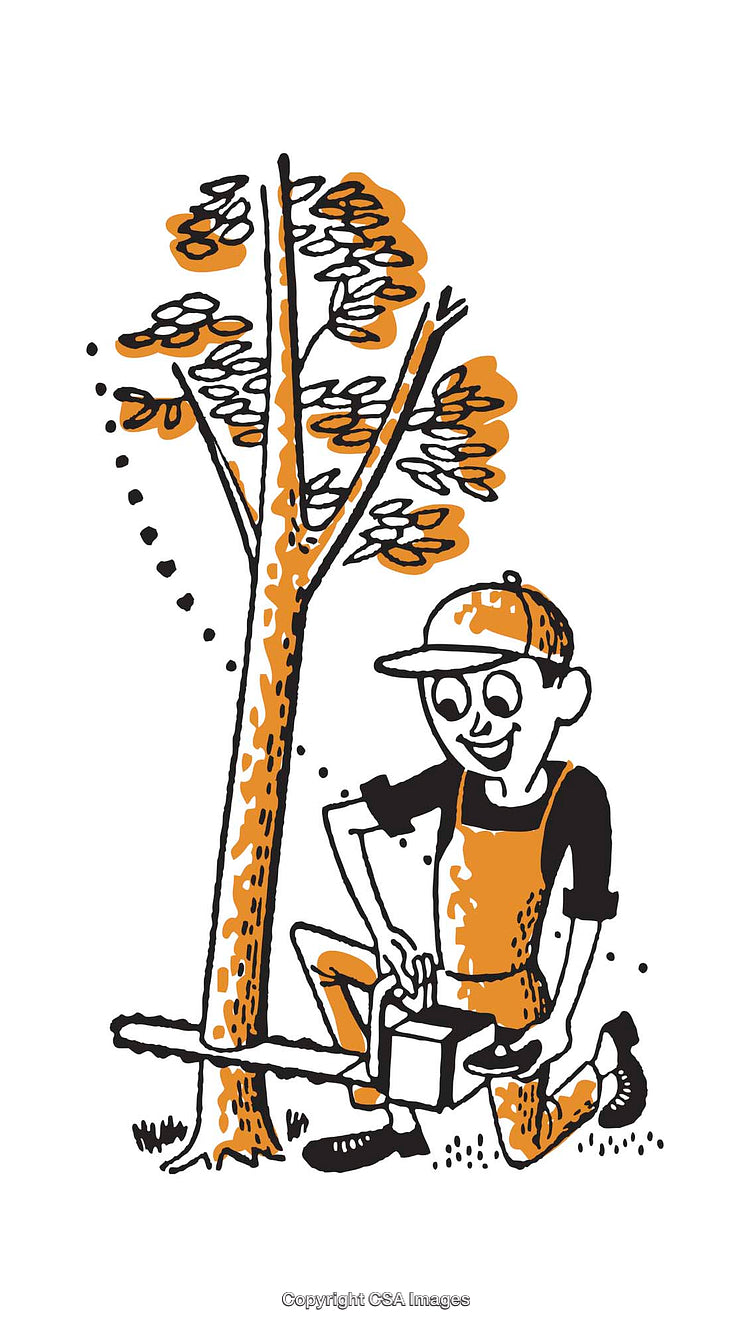 Illustrated Lumberjack Operating a Chainsaw Next to a Tree in Graphic Style