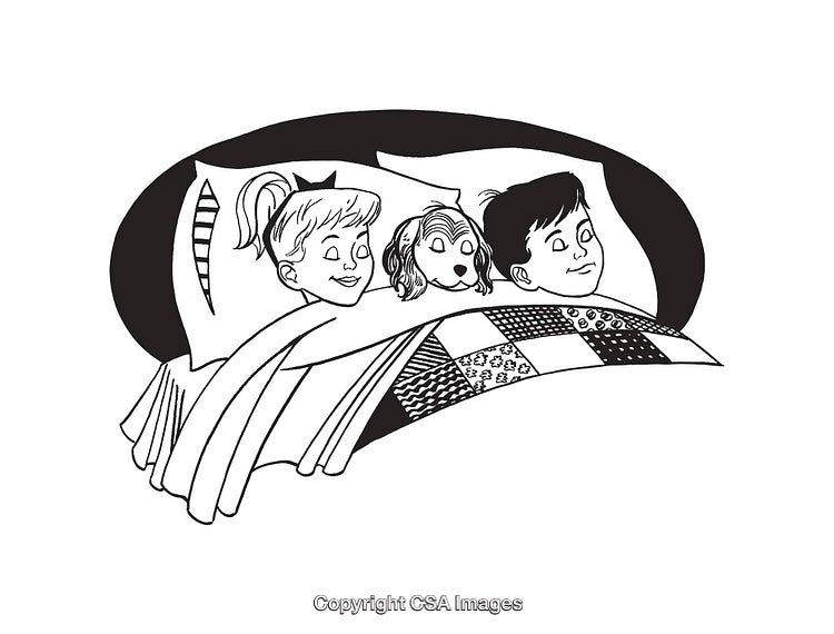 Black and White Line Art of Children and Dog in Quilt-Patterned Bed