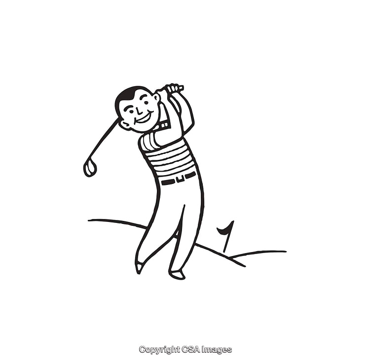 Black And White Illustration of a Golfer Swinging on a Golf Course