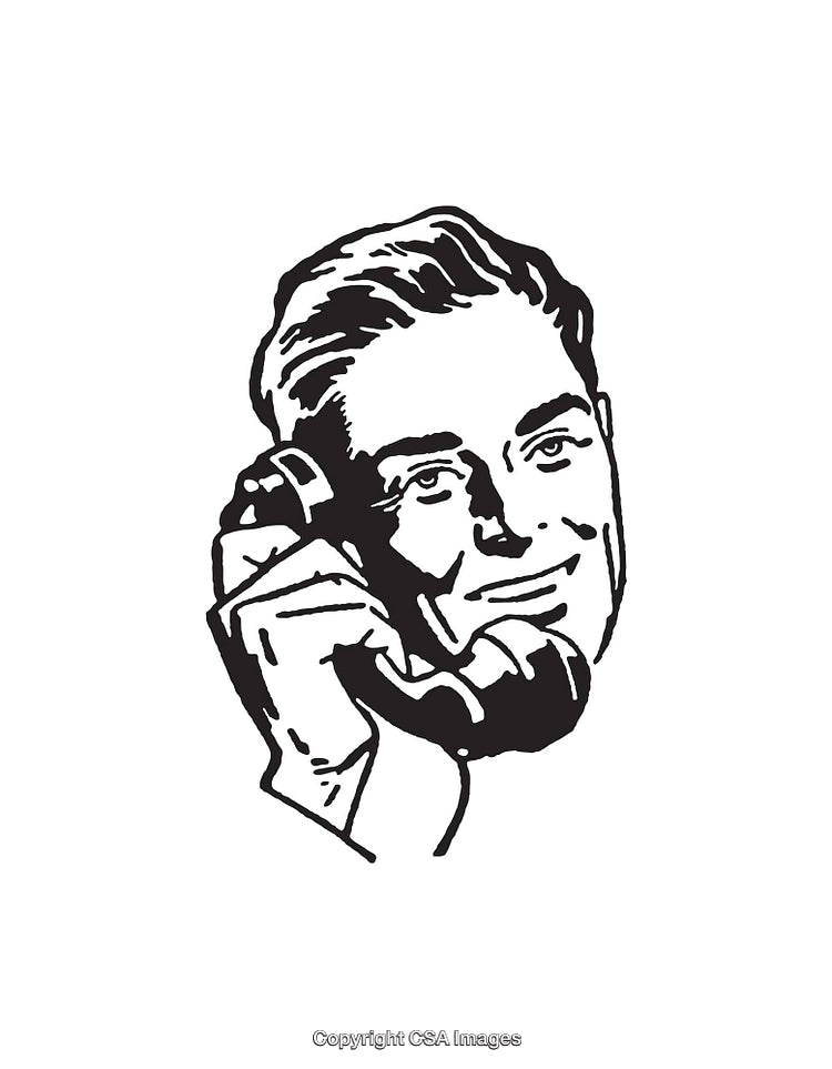Retro Line Art Illustration of Man Using a Vintage Telephone