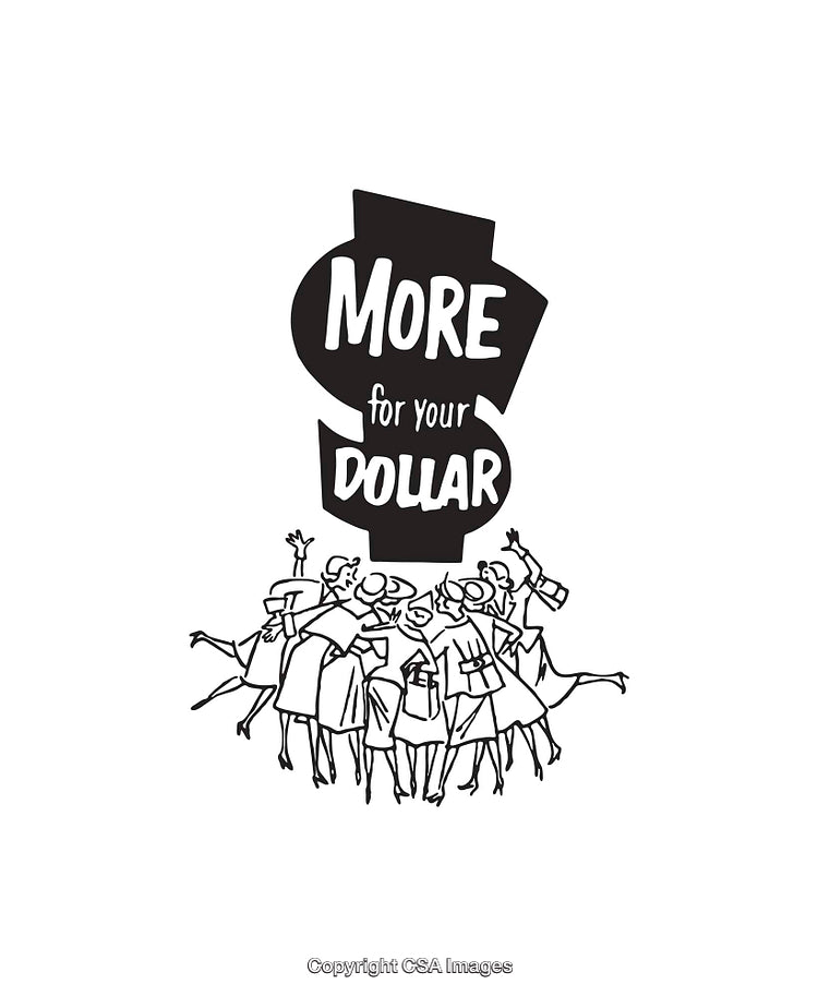Retro Line Art Depicting Shoppers With More Value for Their Money