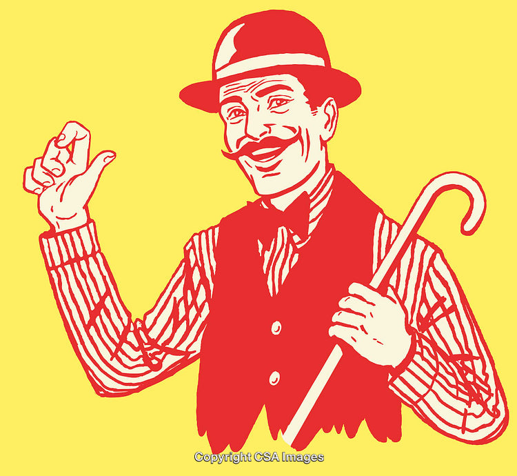 Vintage Illustration of a Smiling Man with Cane on Yellow Background