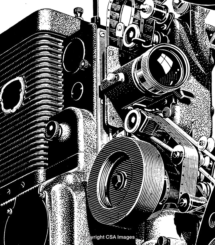 Detailed Black and White Engraving of Vintage Camera Machinery