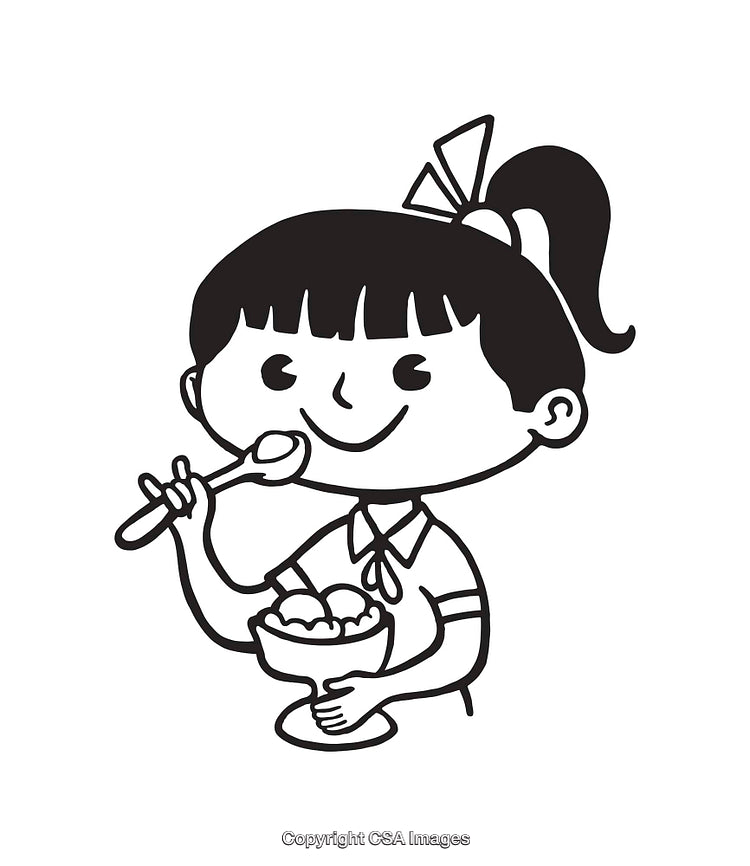 Black And White Line Art of Girl Eating Ice Cream With Joy