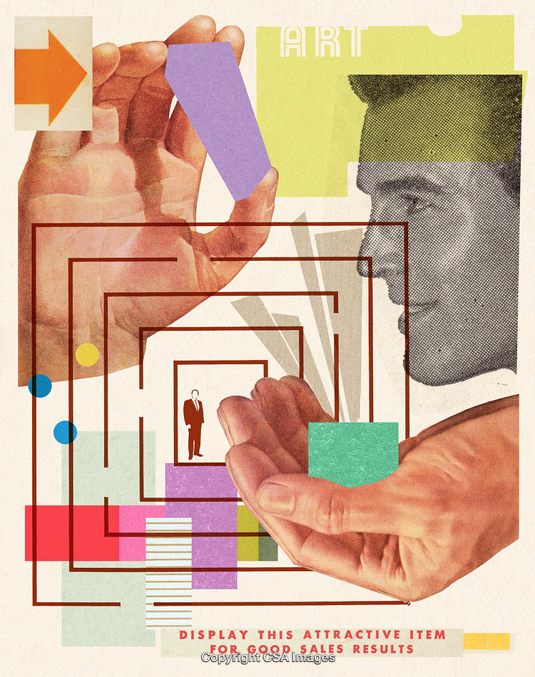Abstract Collage Featuring Hands and Geometric Elements in Pastel Colors
