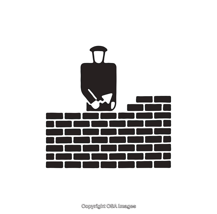 Black And White Icon of a Mason Building a Brick Wall
