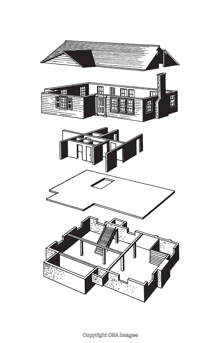 Detailed Exploded Diagram of a House Construction in Black and White
