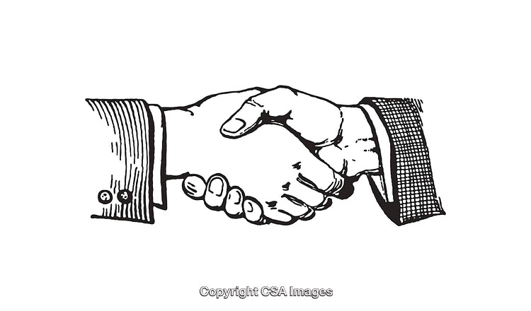 Black and White Line Art of Hands Shaking in Agreement