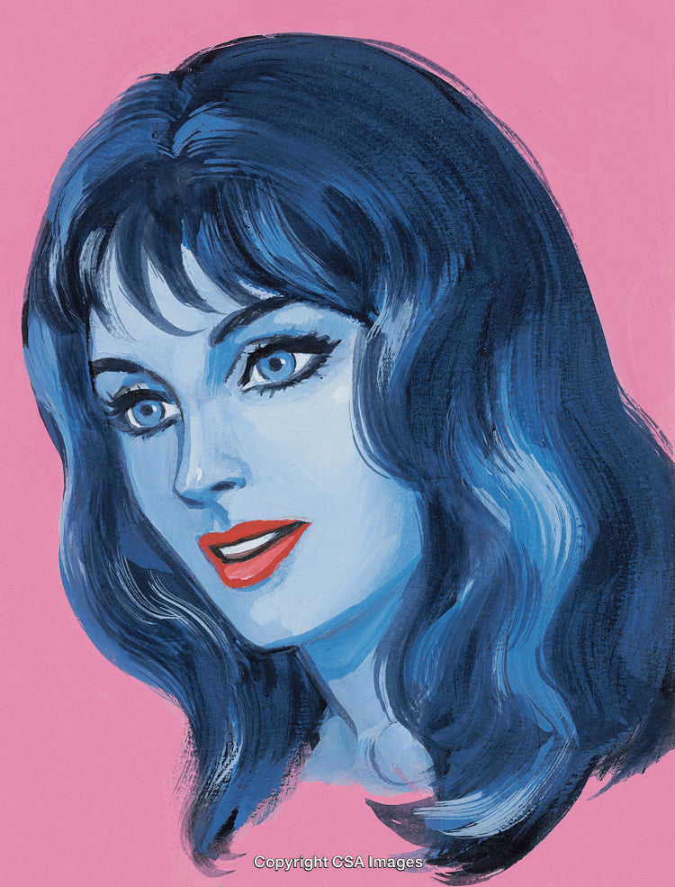 Vibrant Pop Art Style Portrait of Woman With Blue Hair and Red Lips