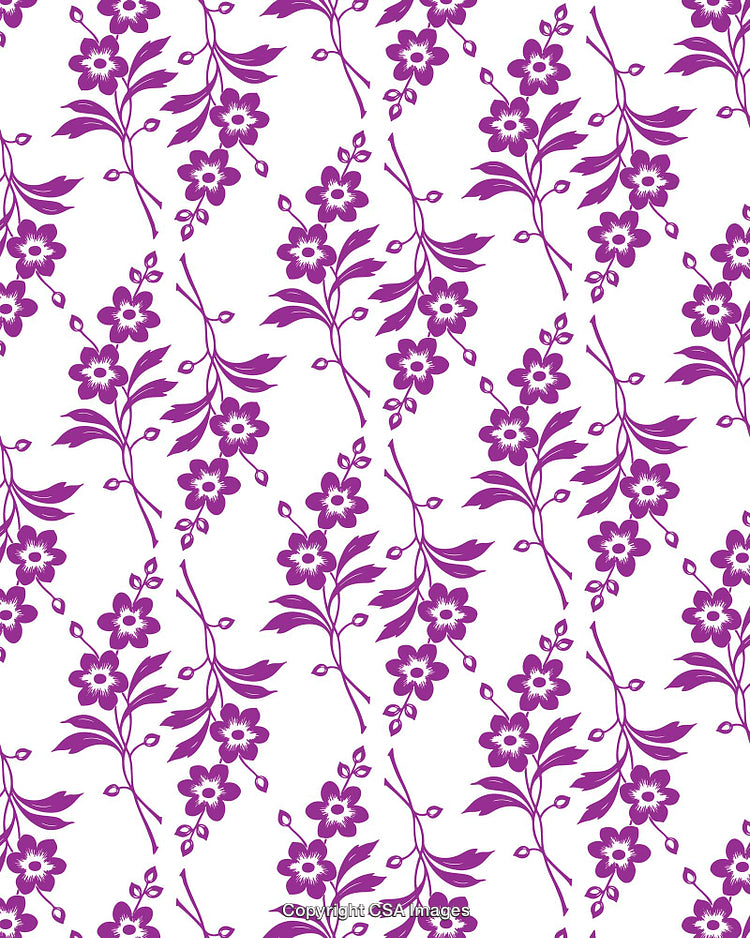 Vibrant Floral Pattern in Purple Tones with Detailed Leaves and Flowers
