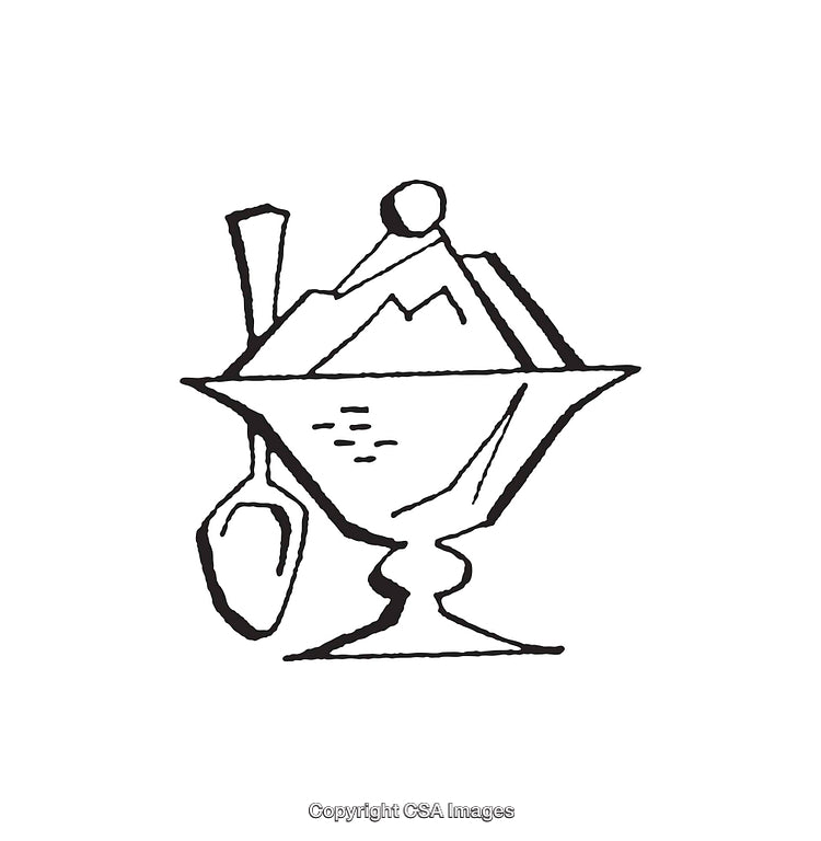 Black and White Line Art Illustration of a Dessert in a Dish