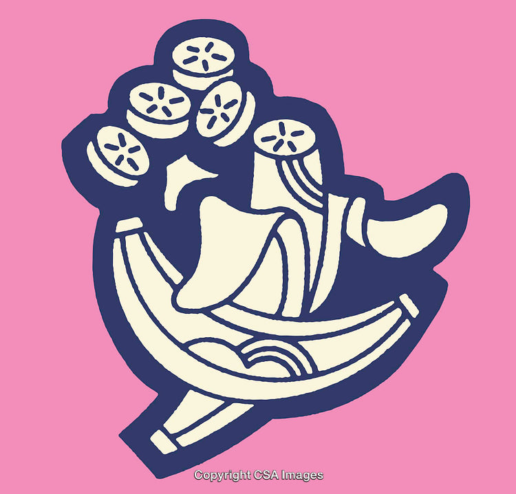 Stylized Illustration of Banana with Cucumber Slices in Bold Colors