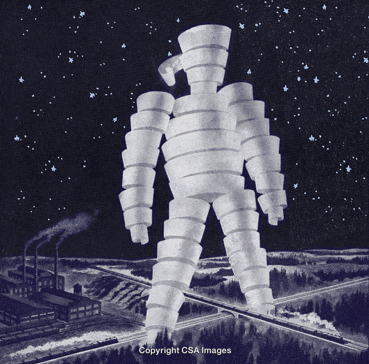 Giant Figure Overlooking Night Landscape with Factory and Railroad Tracks