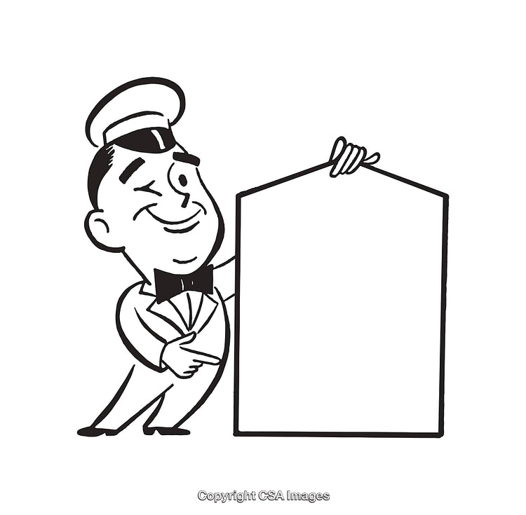 Retro Style Waiter Holding Blank Sign for Custom Text Design