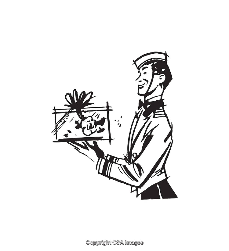 Vintage Line Art Illustration of a Uniformed Man Holding a Gift