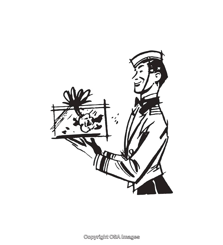 Vintage Line Art Illustration of a Uniformed Man Holding a Gift