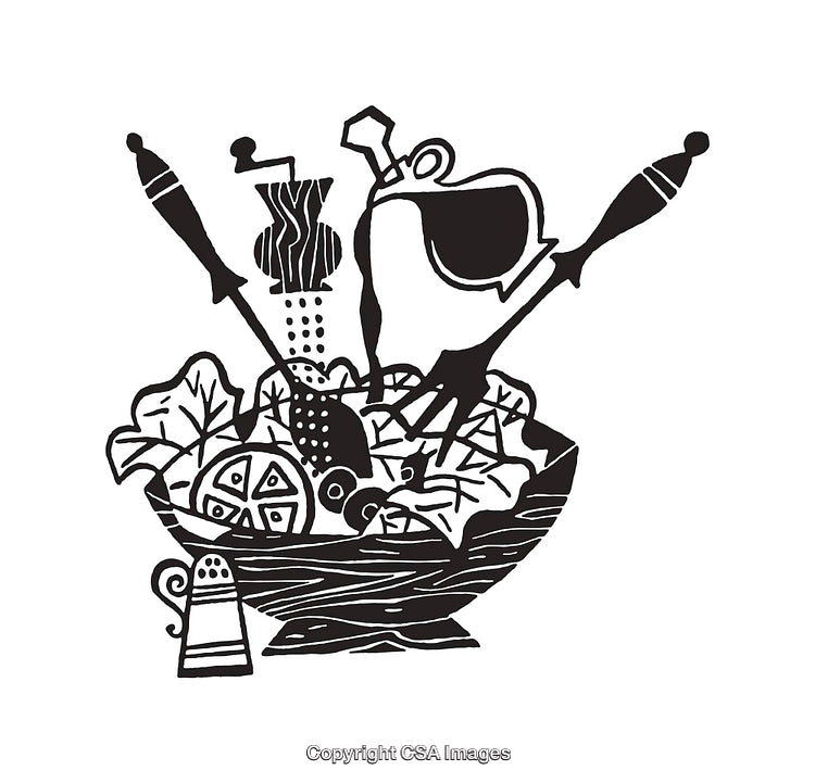 Black And White Illustration of a Salad Preparation Scene