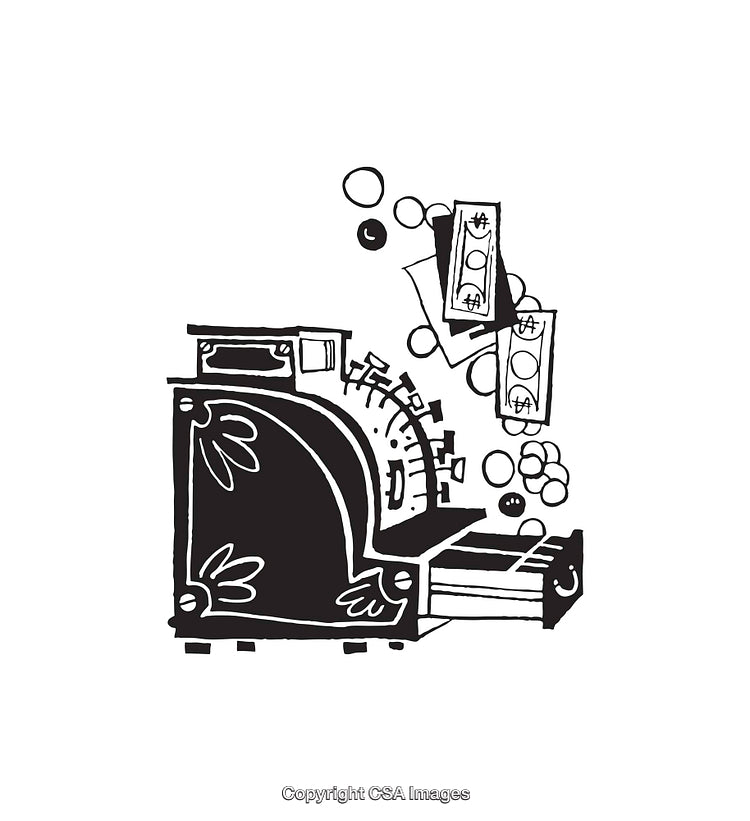 Vintage Cash Register with Currency and Coins in Black and White Illustration