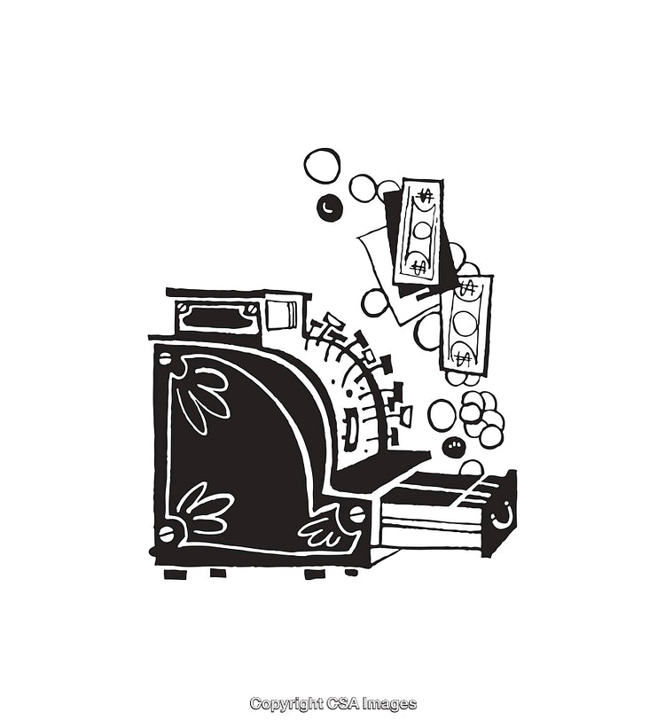 Vintage Cash Register with Currency and Coins in Black and White Illustration