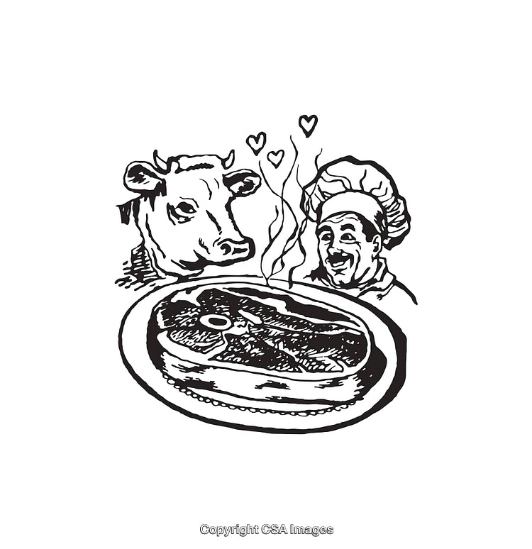 Black and White Illustration Featuring Chef, Cow, and a Delicious Steak