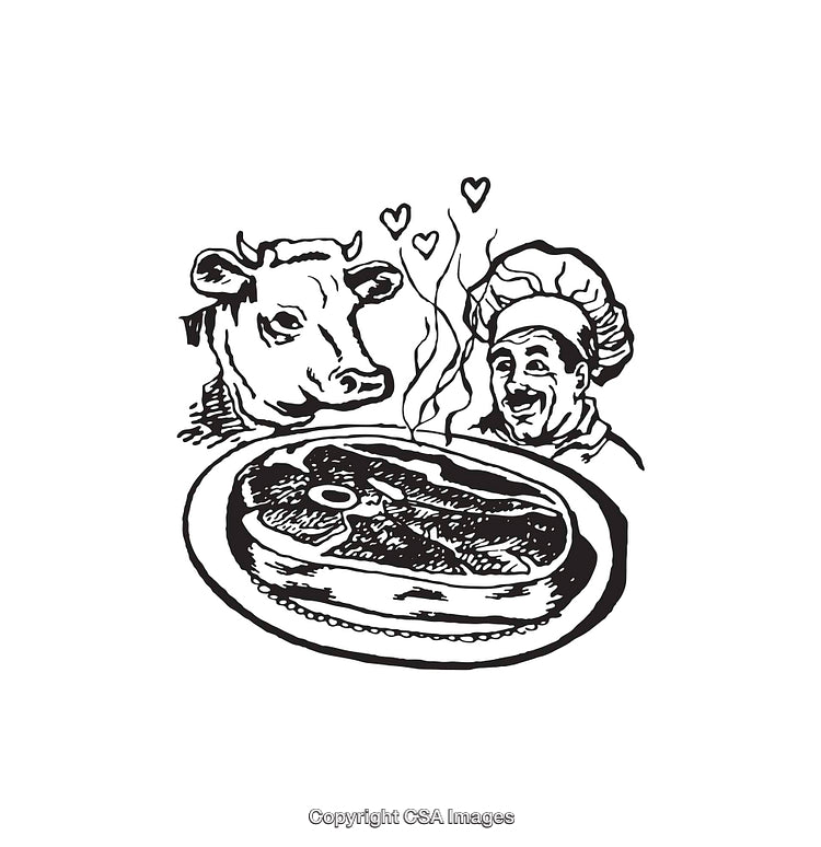 Black and White Illustration Featuring Chef, Cow, and a Delicious Steak