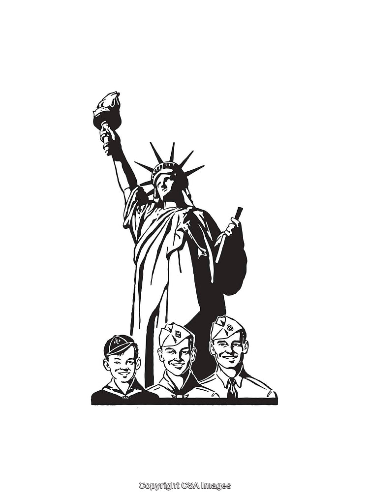 Black and White Illustration of Statue of Liberty With Soldiers