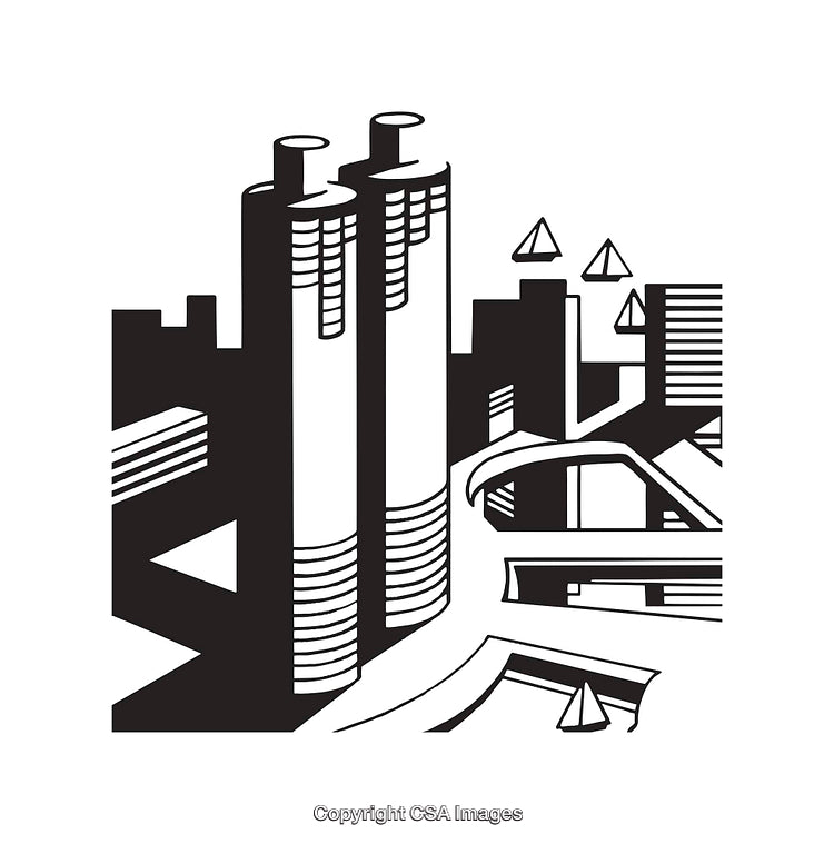 Black and White Cityscape with Skyscrapers and Modern Architecture in Line Art