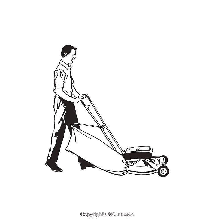 Black and White Line Art Illustration of a Person Using a Lawn Mower