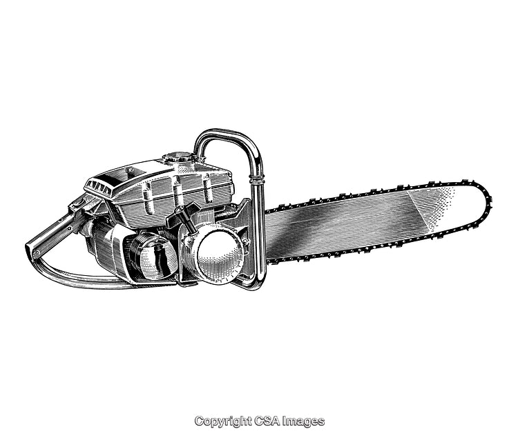Intricately Detailed Black and White Engraving of a Chainsaw Tool