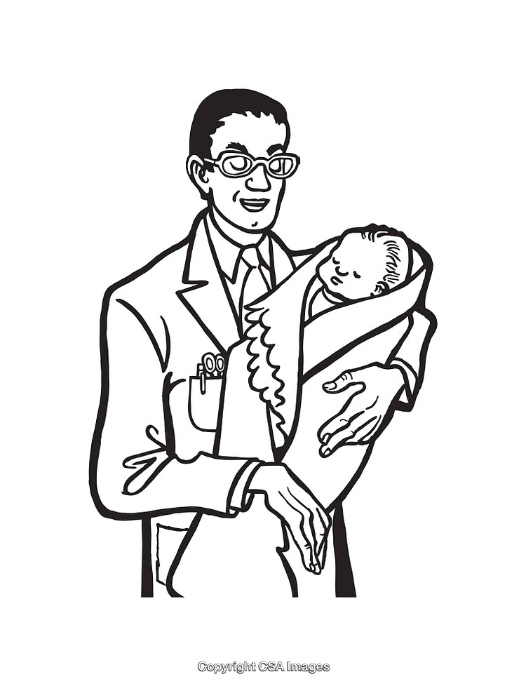 Doctor Holding a Wrapped Newborn in Medical Setting Line Art Illustration